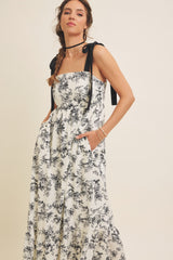 Cream/Black Floral Print Shoulder Bow Tie Midi Dress