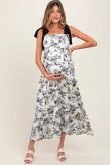Cream/Black Floral Print Shoulder Bow Tie Maternity Midi Dress