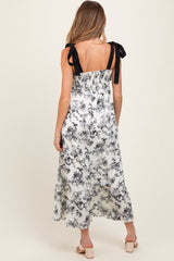 Cream/Black Floral Print Shoulder Bow Tie Maternity Midi Dress