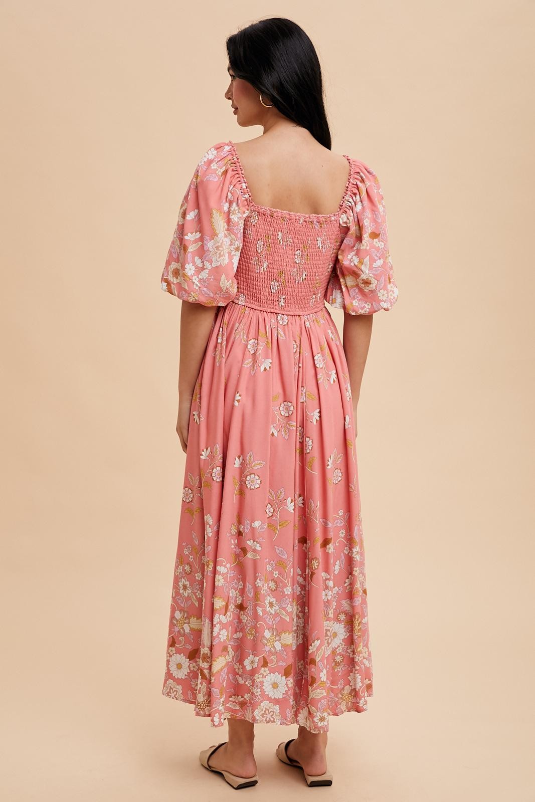 Pink Floral Print Puff Sleeve Maxi Dress
