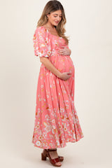 Pink Floral Print Puff Sleeve Maternity Maxi Dress