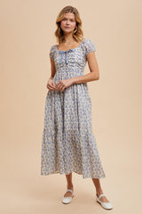 Light Blue Floral Ruched Bow Tie Floral Maxi Dress