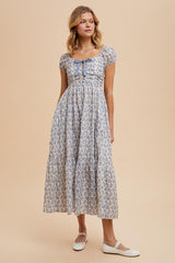 Light Blue Floral Ruched Bow Tie Floral Maxi Dress