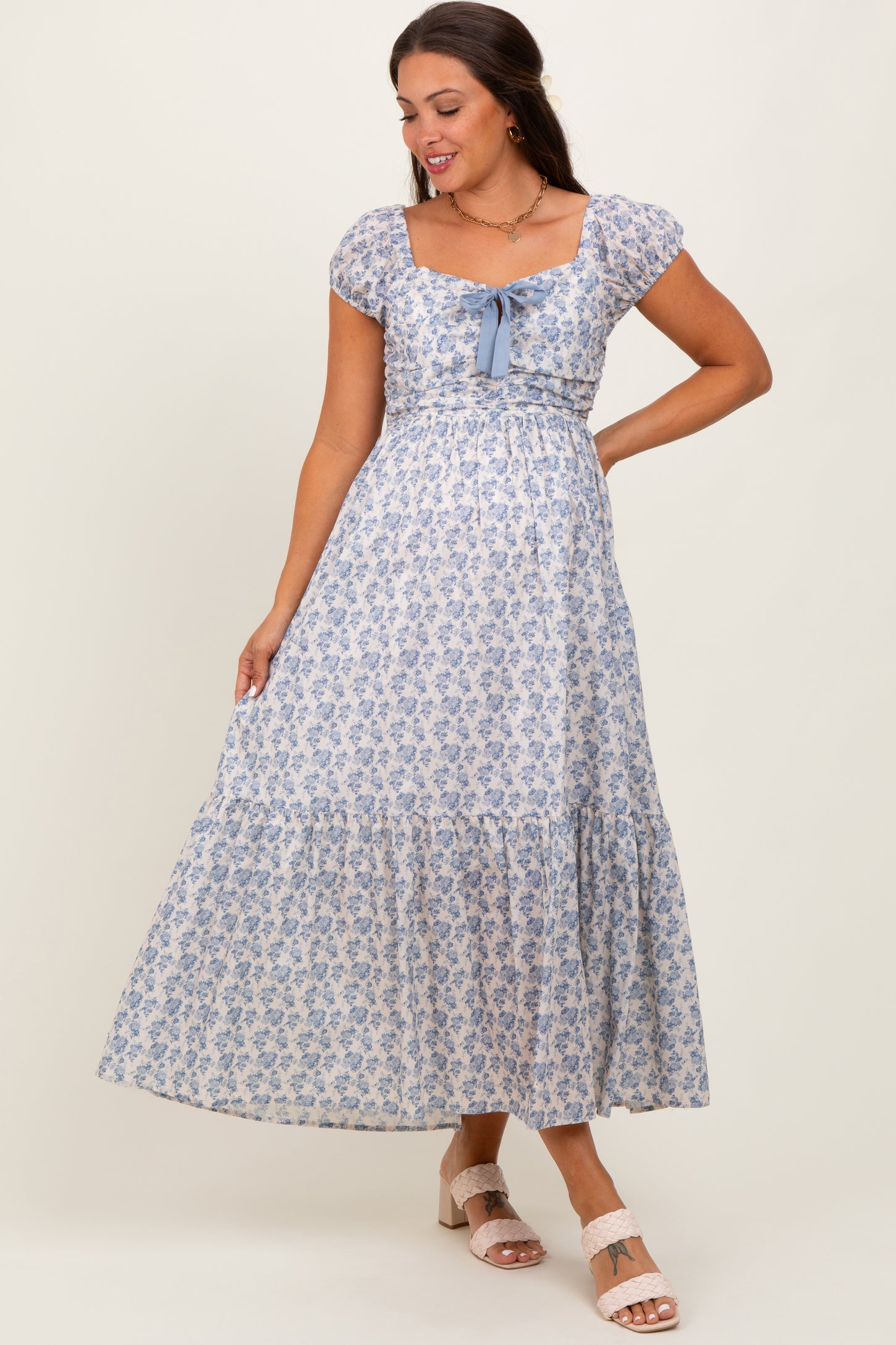 Light Blue Floral Ruched Bow Tie Floral Maternity Maxi Dress