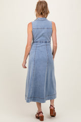 Blue Medium Wash Collared Denim Flare Maternity Midi Dress