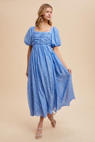 Blue Embroidered Shirred Puff Sleeve Maxi Dress