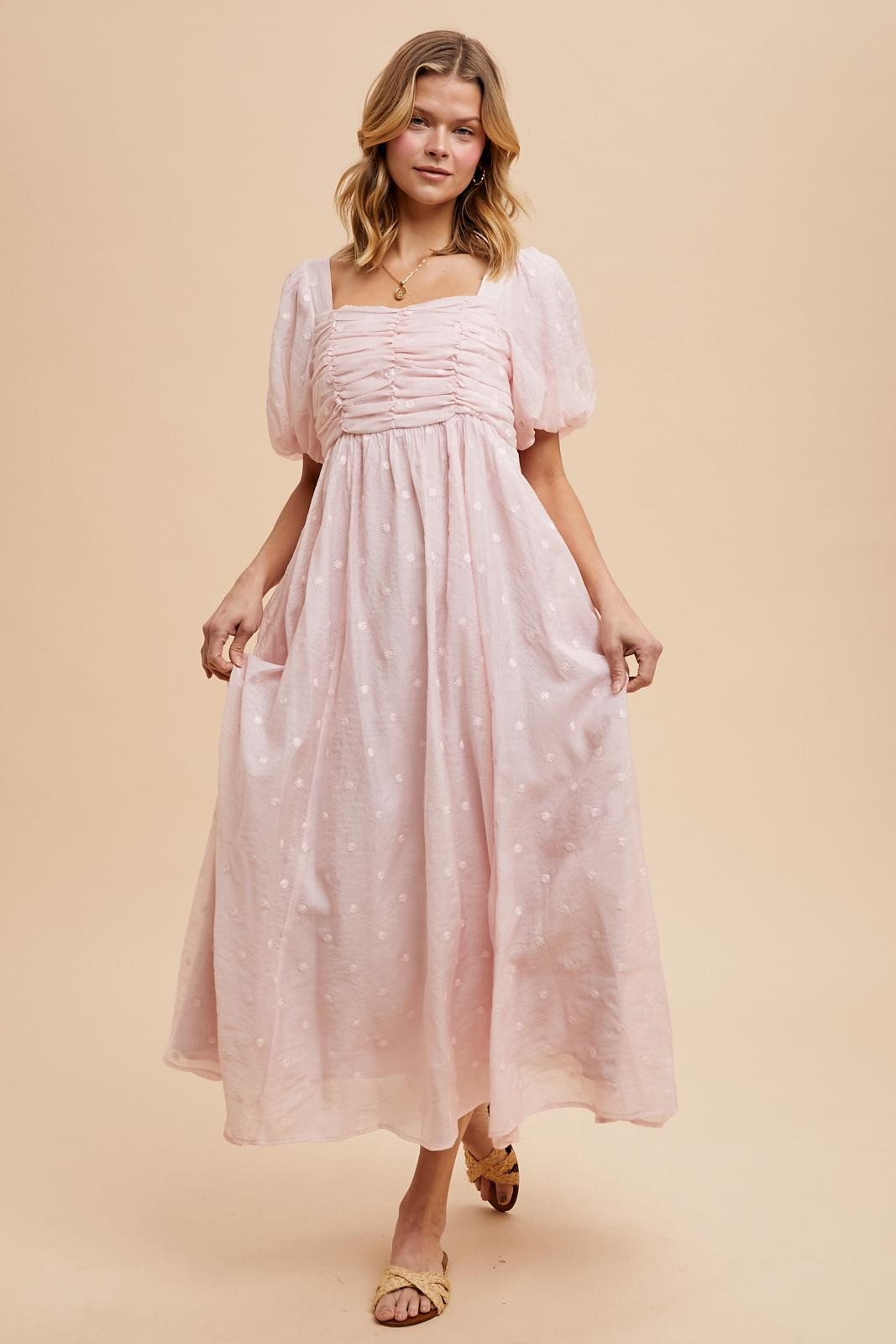 Light Pink Embroidered Shirred Puff Sleeve Maxi Dress