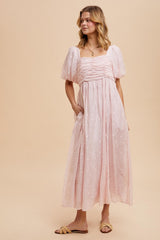 Light Pink Embroidered Shirred Puff Sleeve Maternity Maxi Dress