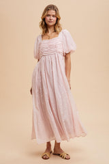 Light Pink Embroidered Shirred Puff Sleeve Maxi Dress