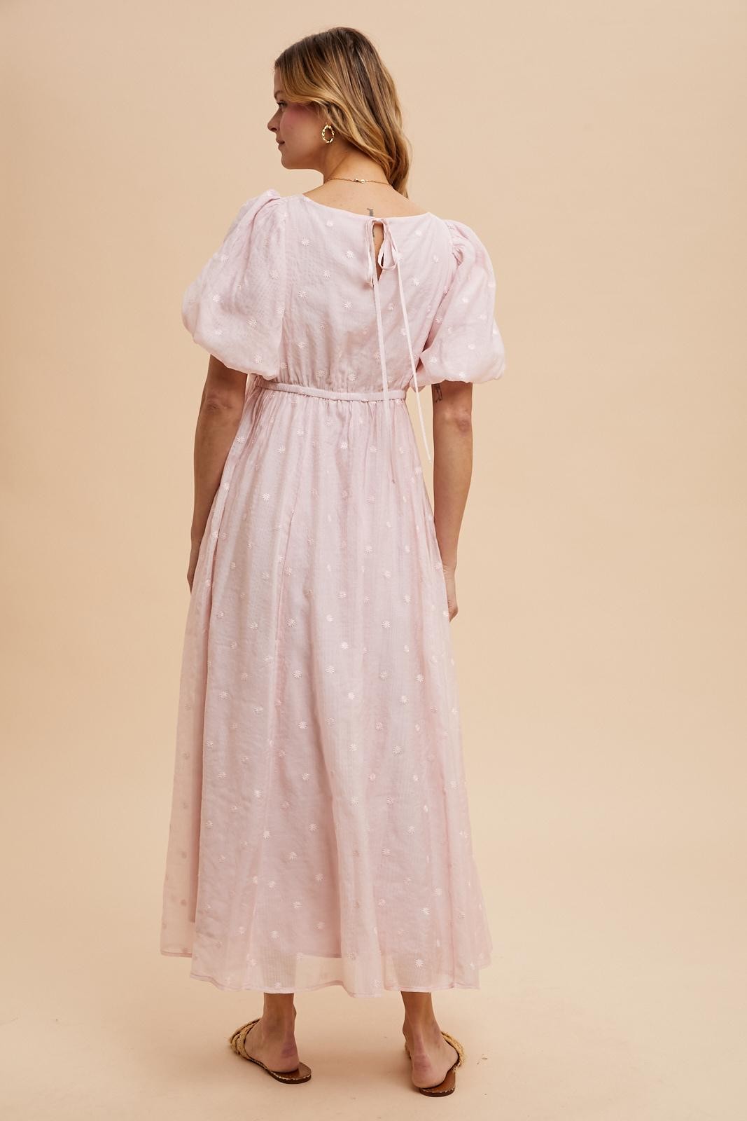 Light Pink Embroidered Shirred Puff Sleeve Maxi Dress