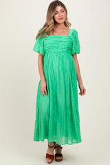 Green Embroidered Shirred Puff Sleeve Maternity Maxi Dress