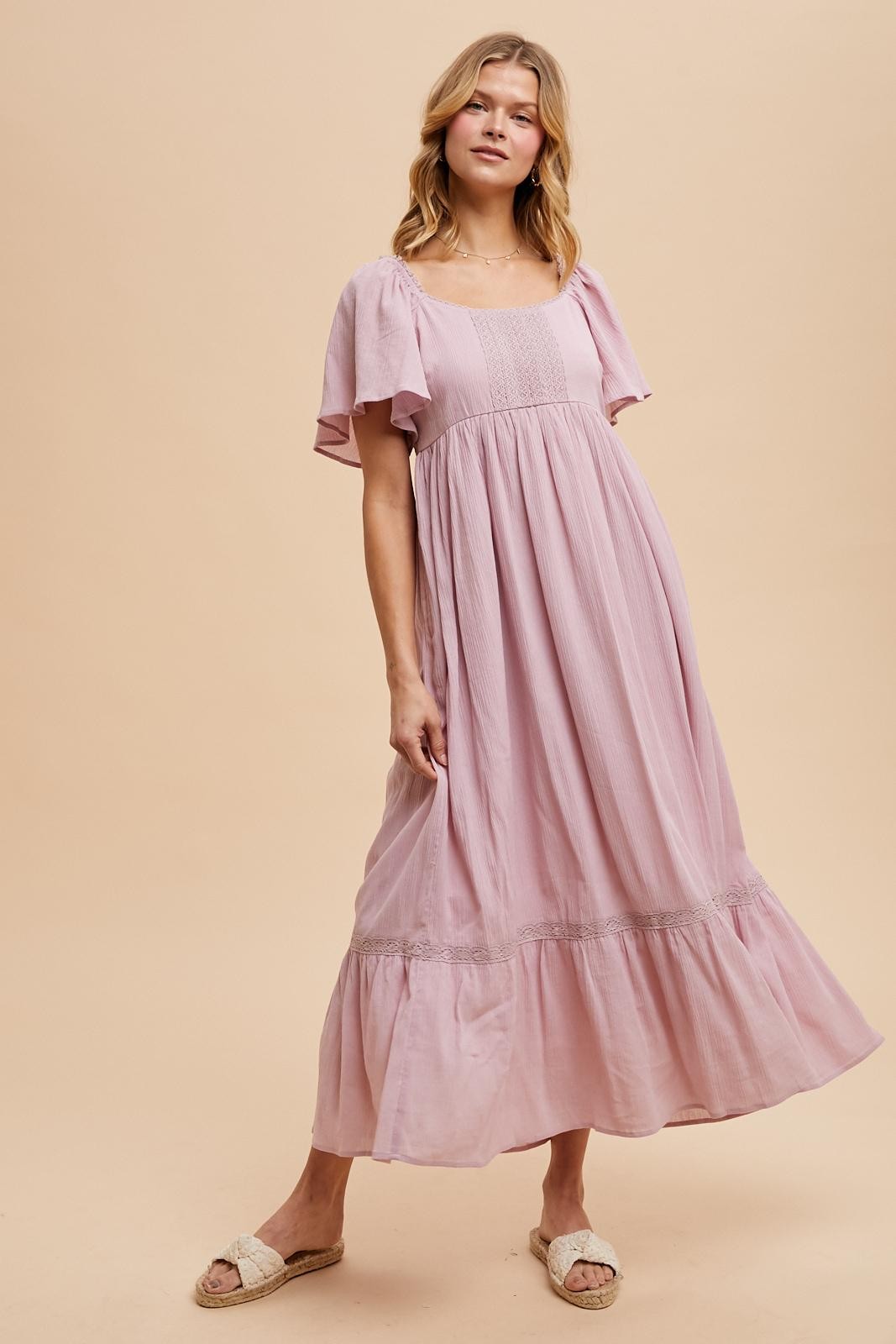 Light Pink Lace Square Neck Maternity Maxi Dress