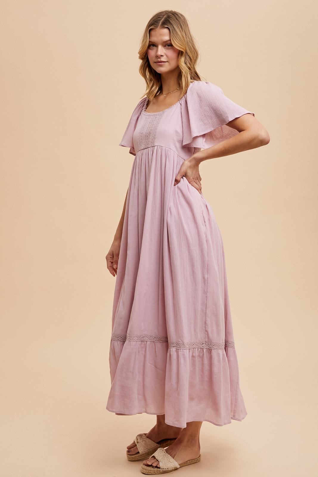 Light Pink Lace Square Neck Maternity Maxi Dress