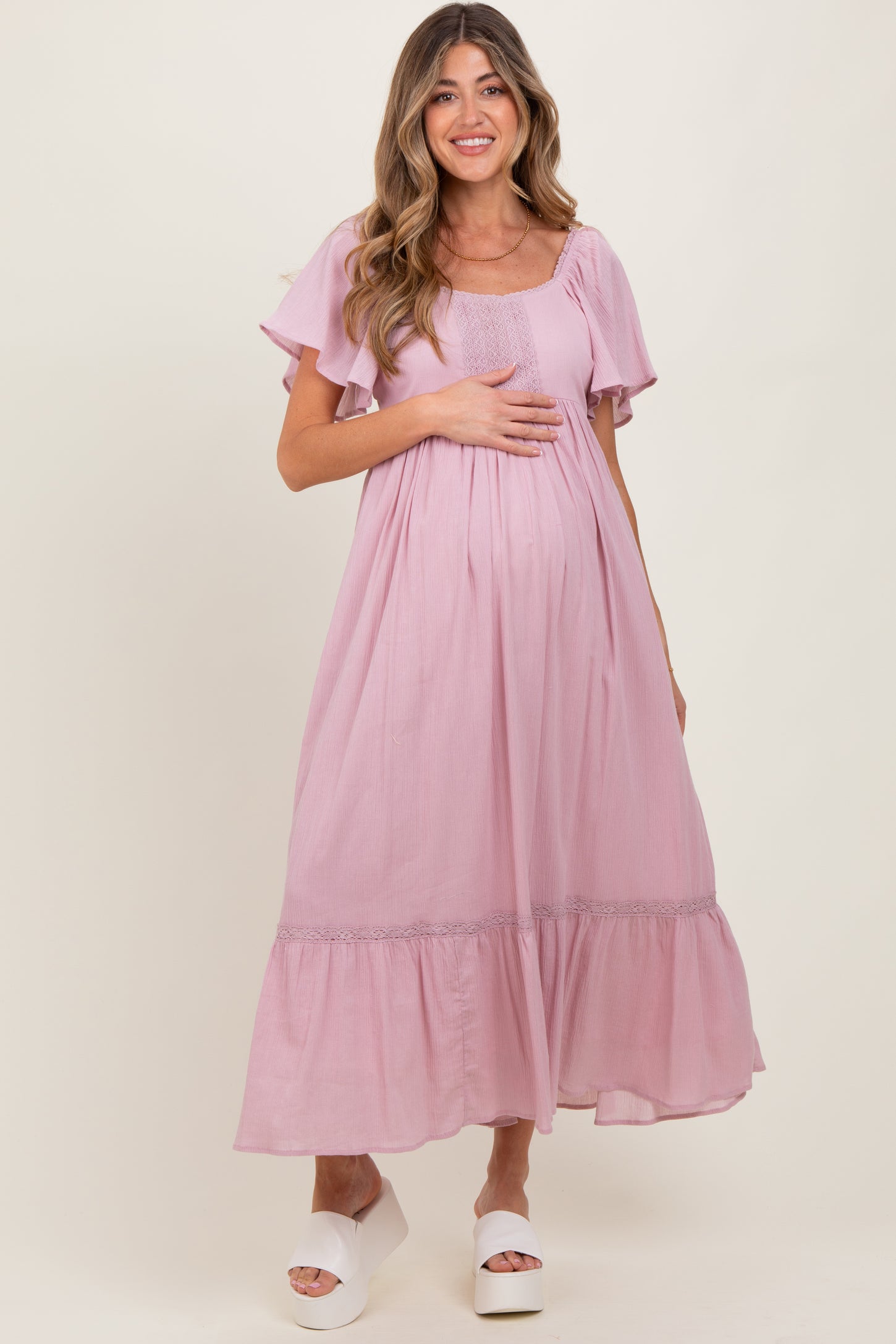 Light Pink Lace Square Neck Maternity Maxi Dress