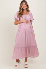 Light Pink Lace Square Neck Maternity Maxi Dress