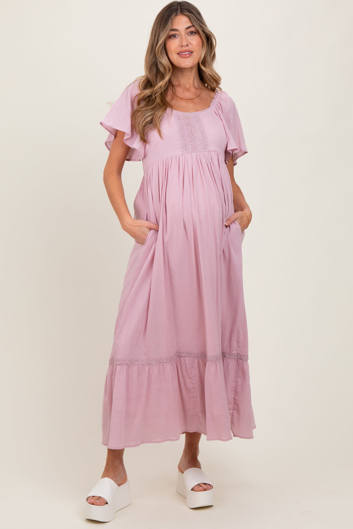 Light Pink Lace Square Neck Maternity Maxi Dress