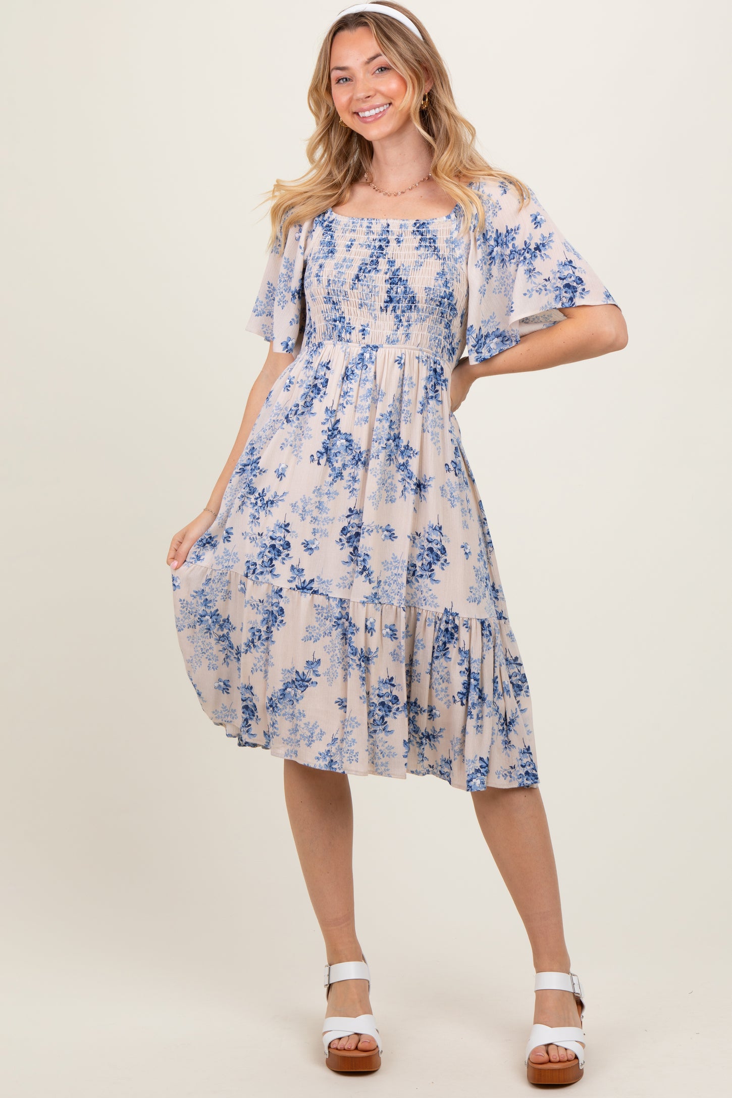Cream Floral Smocked Maternity Midi Dress