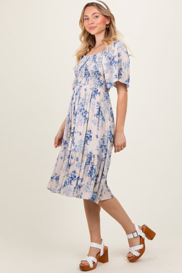 Cream Floral Smocked Midi Dress