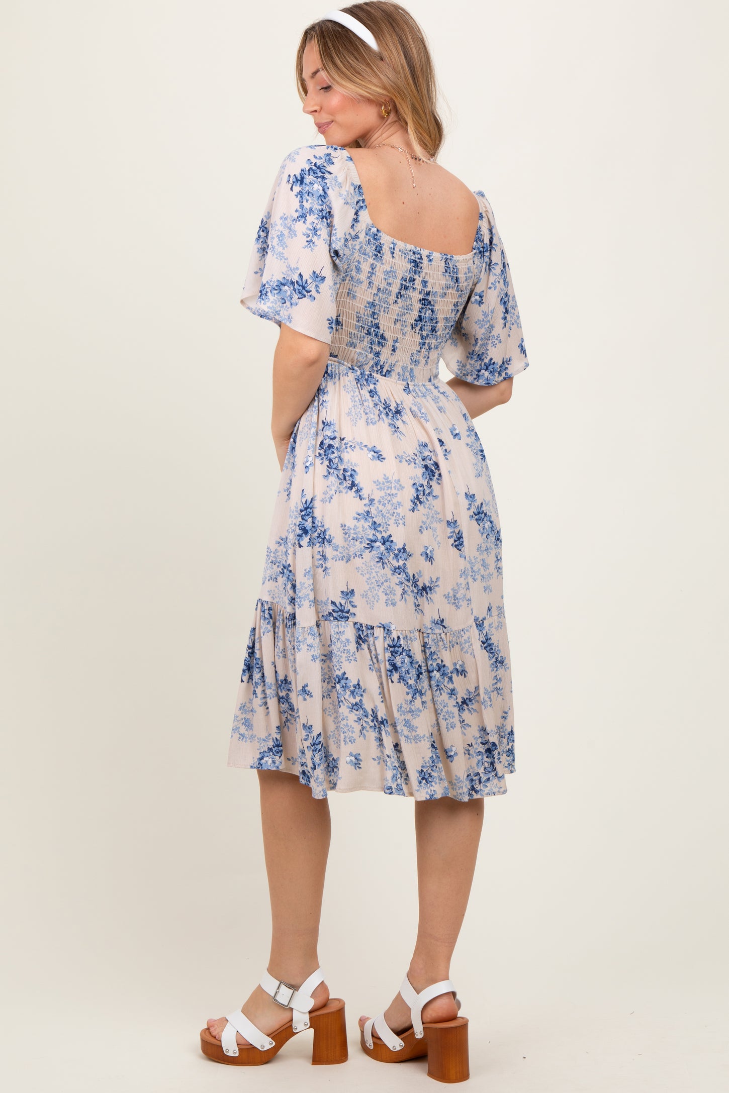 Cream Floral Smocked Midi Dress