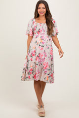 Pink Floral Smocked Maternity Midi Dress
