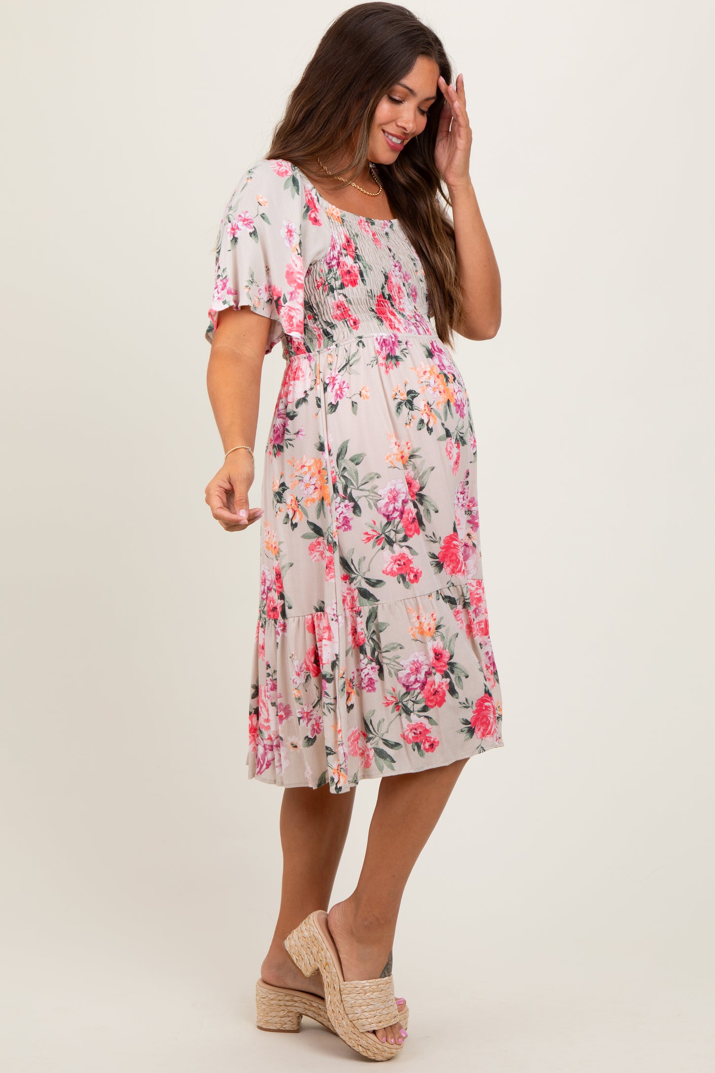 Pink Floral Smocked Maternity Midi Dress