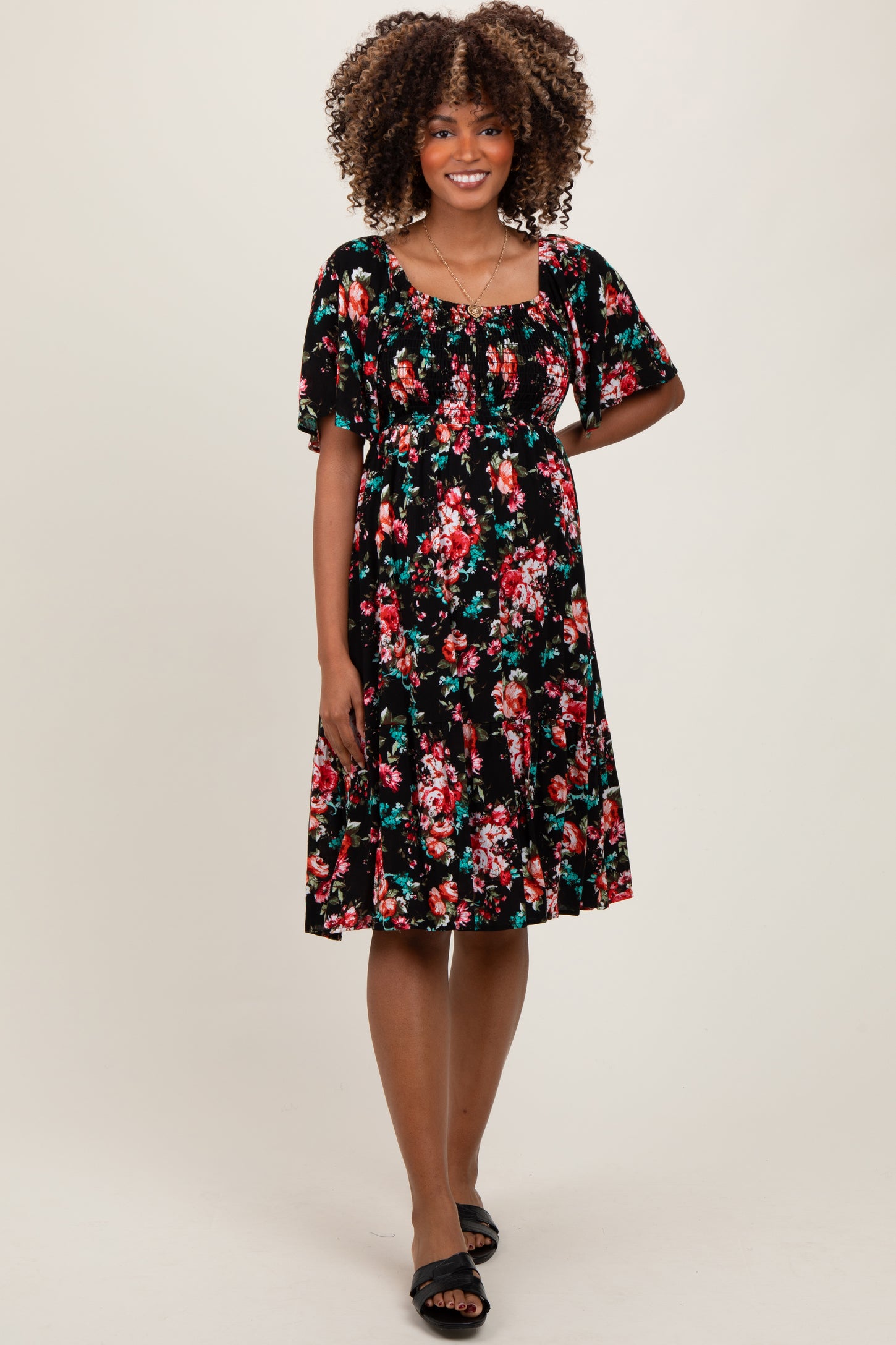 Black Floral Smocked Maternity Midi Dress