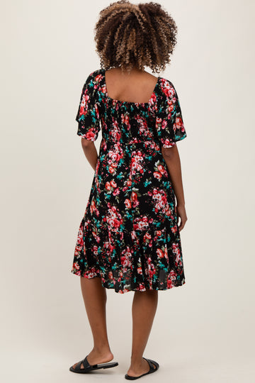 Black Floral Smocked Maternity Midi Dress