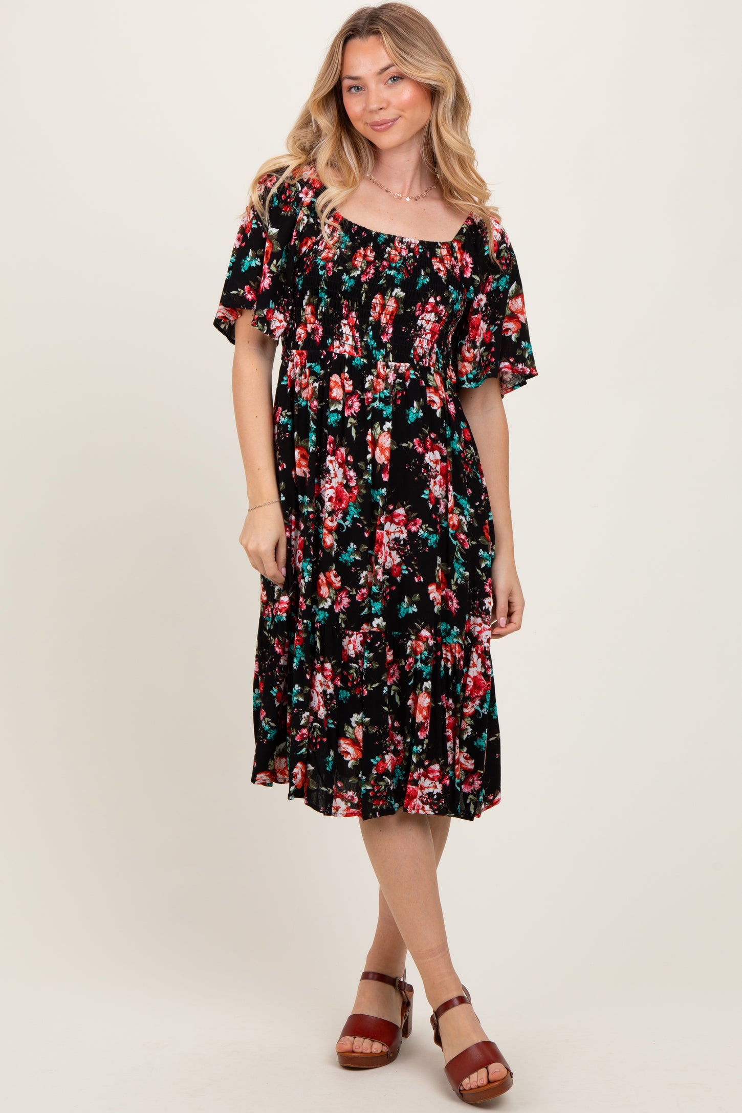 Black Floral Smocked Midi Dress