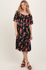Black Floral Smocked Maternity Midi Dress