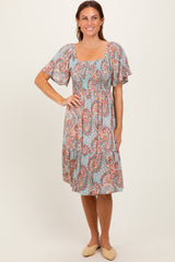 Light Blue Paisley Floral Smocked Midi Dress