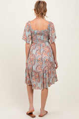 Light Blue Paisley Floral Smocked Maternity Midi Dress