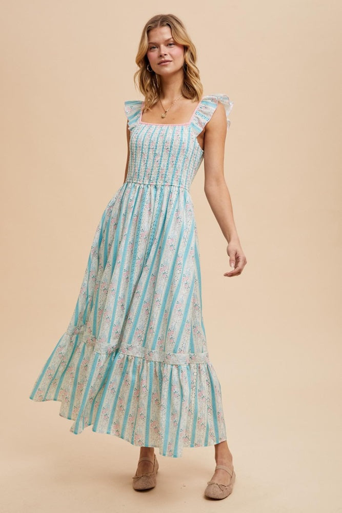 Light Blue Striped Vintage Floral Smocked Maxi Dress