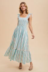 Light Blue Striped Vintage Floral Smocked Maxi Dress