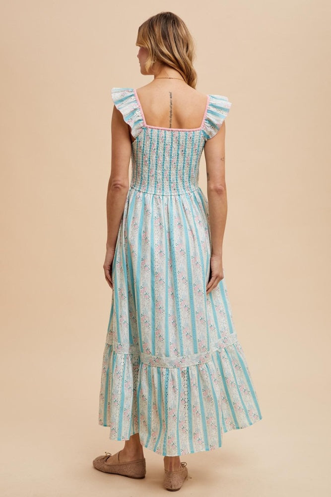 Light Blue Striped Vintage Floral Smocked Maxi Dress