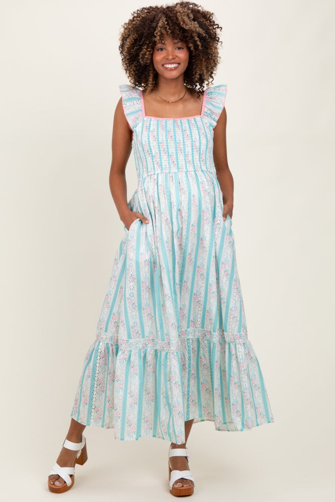 Light Blue Striped Vintage Floral Smocked Maternity Maxi Dress