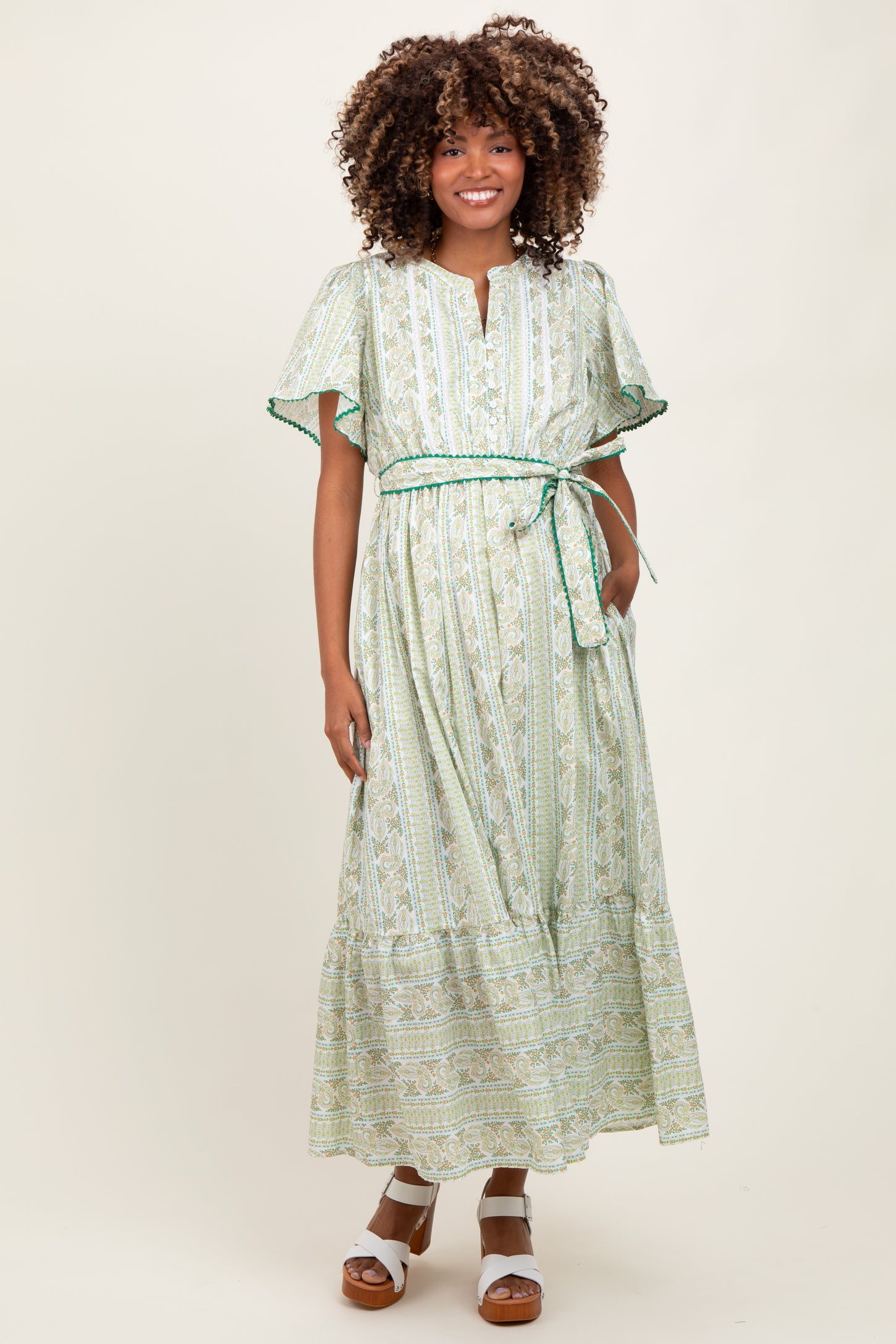 Green Floral Flutter Sleeve Waist Tie Maternity Maxi Dress