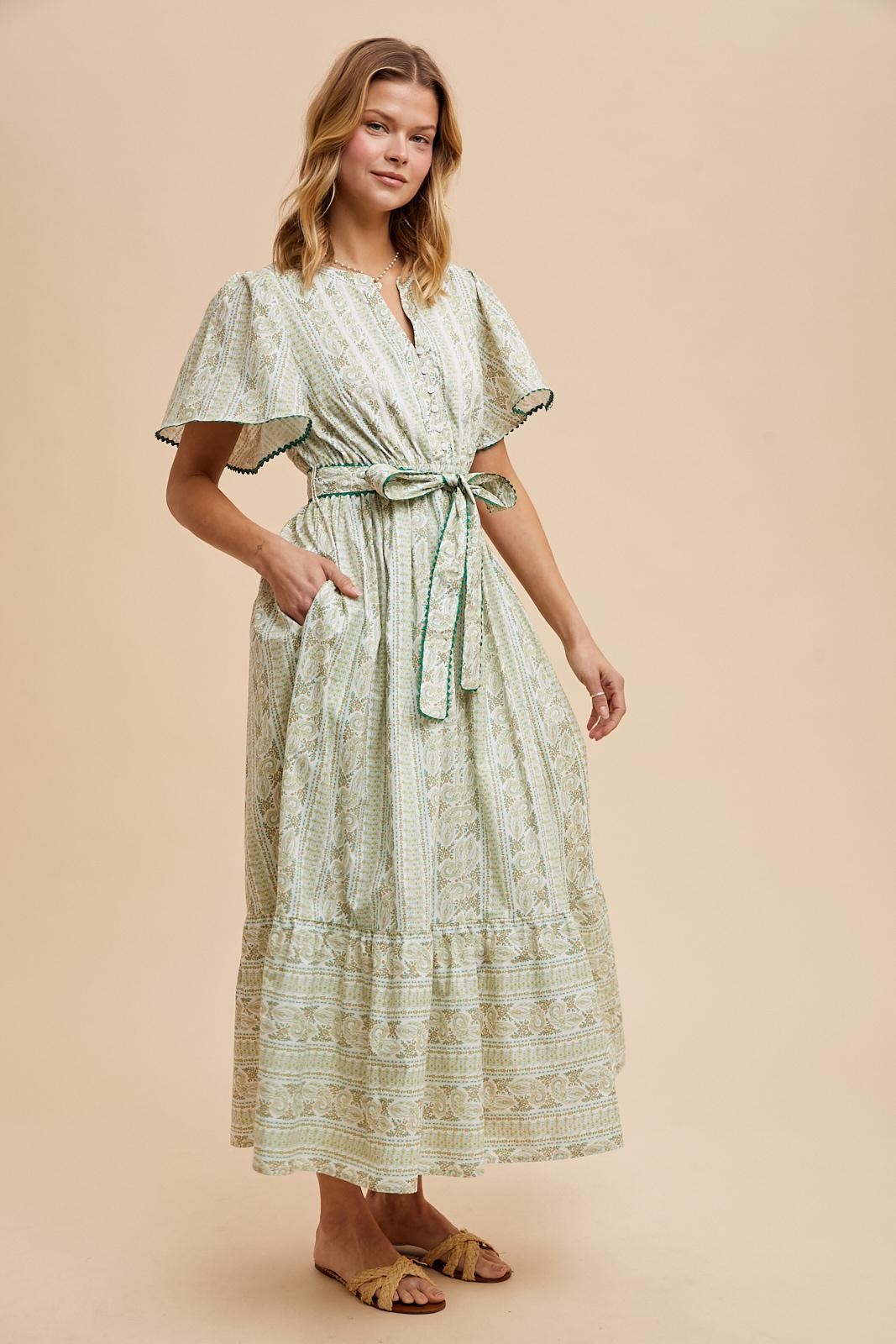 Green Floral Flutter Sleeve Waist Tie Maxi Dress