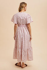 Magenta Floral Flutter Sleeve Waist Tie Maxi Dress