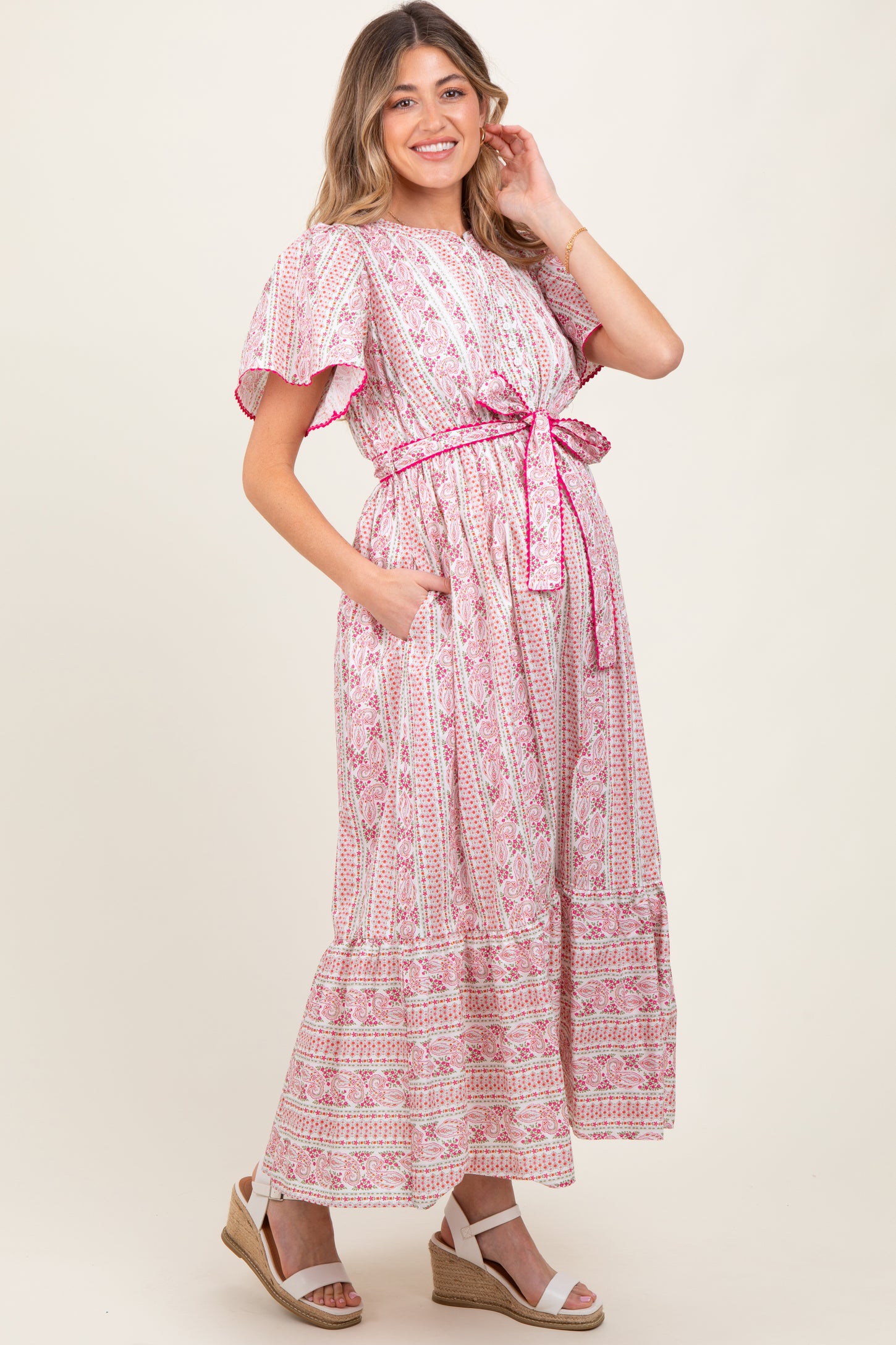 Magenta Floral Flutter Sleeve Waist Tie Maternity Maxi Dress
