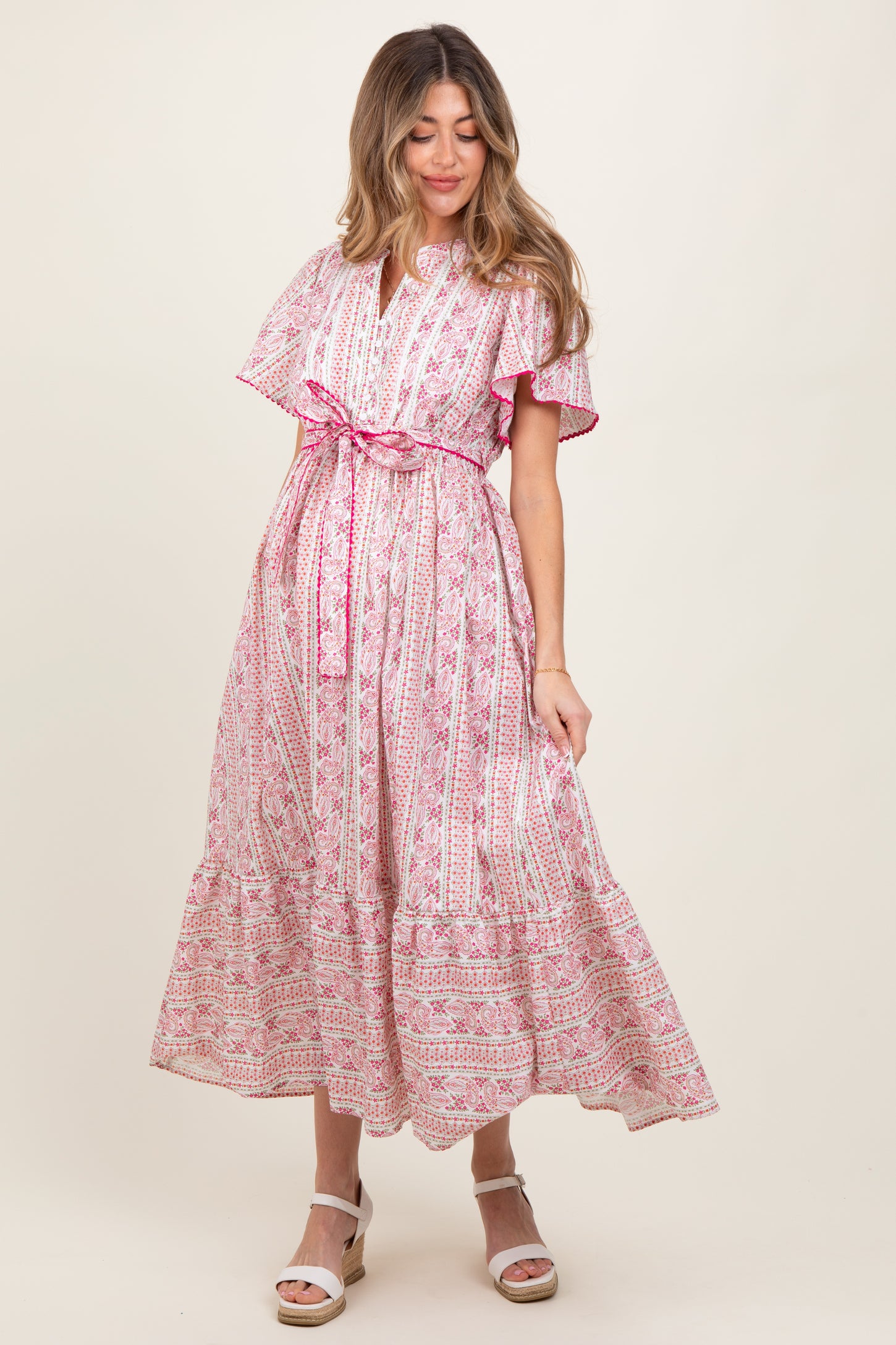 Magenta Floral Flutter Sleeve Waist Tie Maternity Maxi Dress