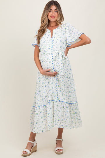 Ivory Floral Button Down Maternity Midi Dress
