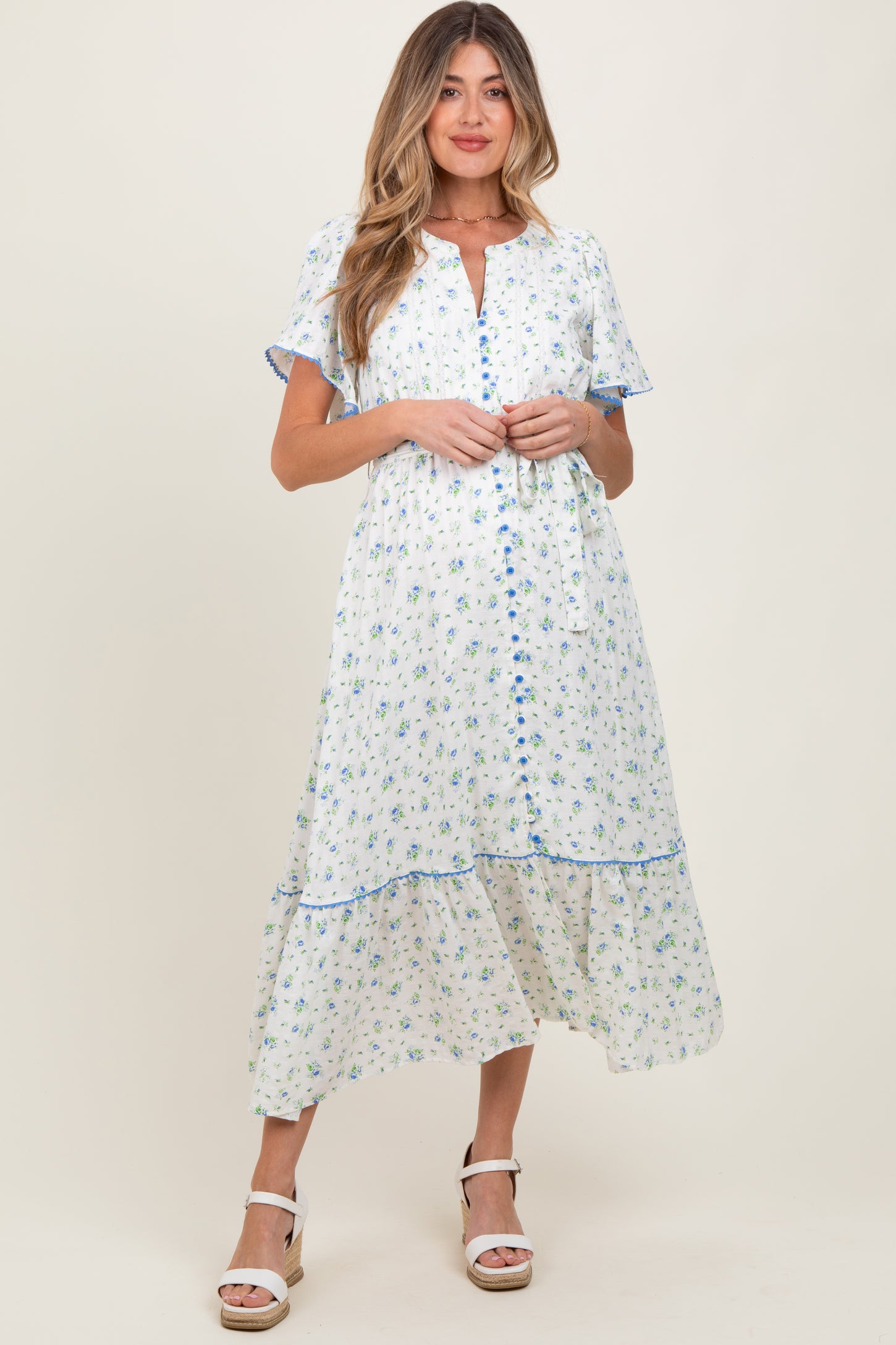 Ivory Floral Button Down Maternity Midi Dress