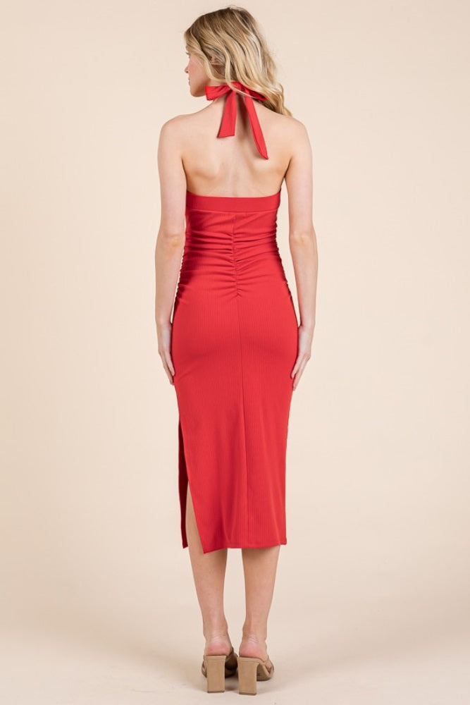 Red Halter Tied Criss-Cross Ribbed Midi Dress