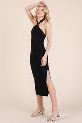 Black Halter Tied Criss-Cross Ribbed Midi Dress