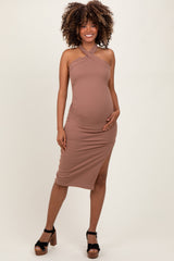 Mocha Halter Tied Criss-Cross Ribbed Maternity Midi Dress