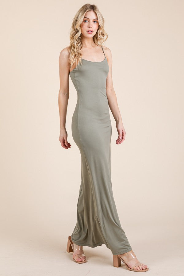 Olive Backless Fishtail Sleeveless Maxi Dress