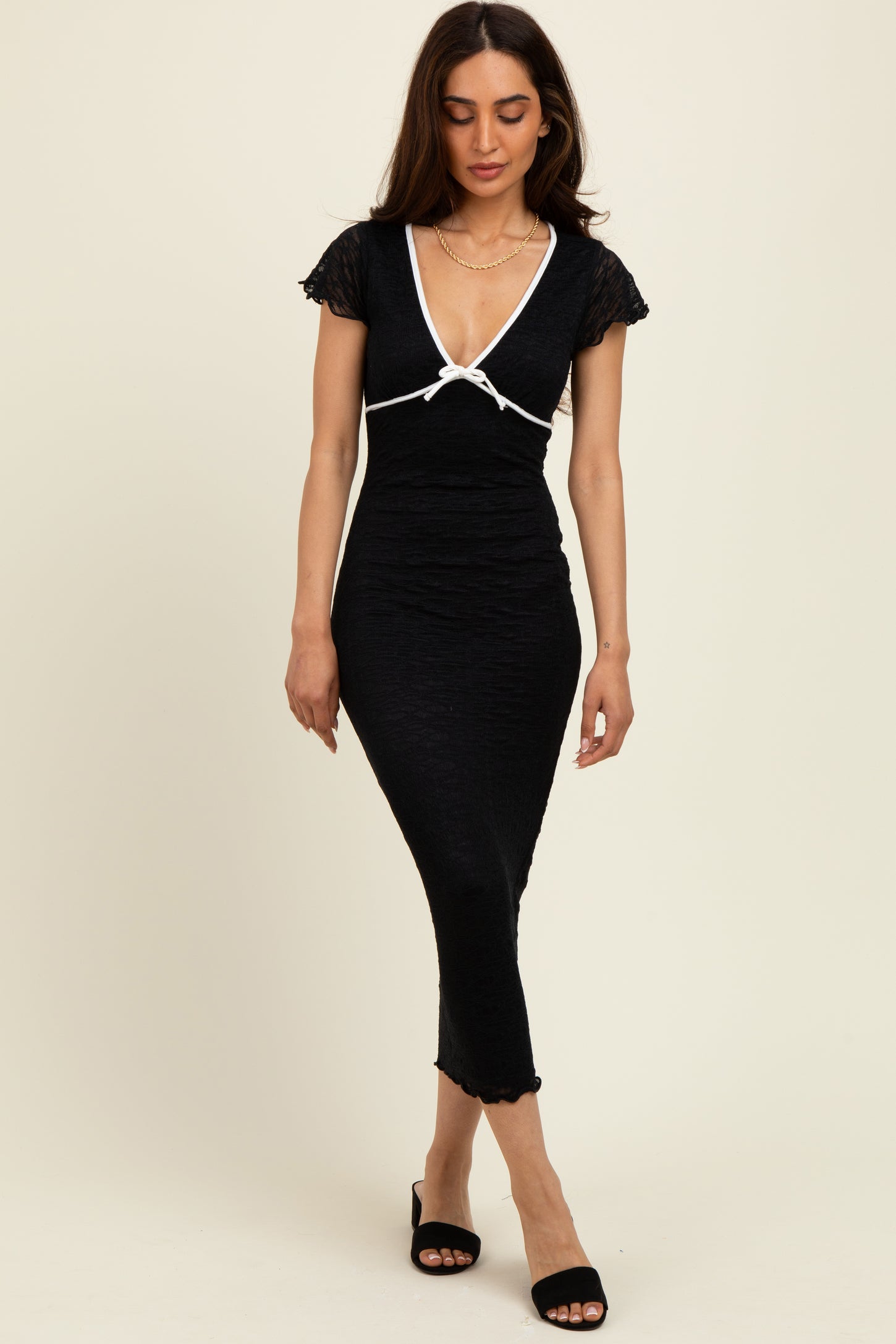 Black Lace Contrast Fitted Midi Dress