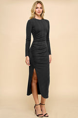 Black Crew Neck Side Ruching Deep Slit Midi Dress