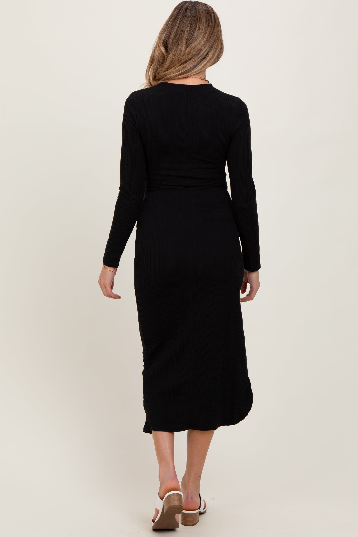 Black Crew Neck Side Ruching Deep Slit Maternity Midi Dress