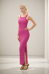 Fuchsia Striped High Neck Ribbed Maxi Dress